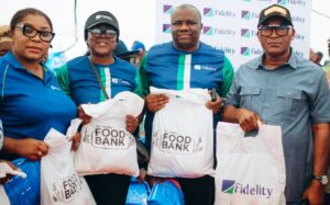 L-R: Branch Leader, Akure, Fidelity Bank Plc, Mrs. Angela Akeju; Team Lead, CSR, Fidelity Bank Plc, Victoria Abuka; Regional Bank Head, Southwest 1, Fidelity Bank Plc, Folaranmi Jemirin; and Chairman, Ondo State Oil Producing Areas Development Commission (OSOPADEC), Prince Biyi Poroye, at the Fidelity Food Bank distribution event held in Igbokoda Community, Ilaje Local Government Area of Ondo State, recently.