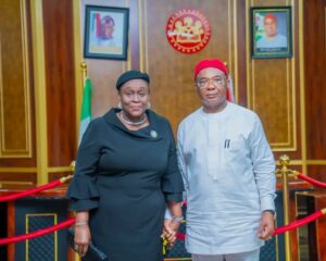 Governor Hope Uzodimma with the Acting Chief Judge of Imo State, Hon Justice Ijeoma Agugua after her swearing-in at the New Exco Chambers Government House Owerri... weekend.