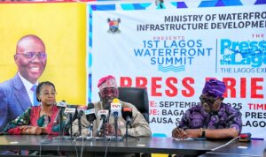 From left: Permanent Secretary, Ministry of Waterfront Infrastructure Development, Mrs. Lolade Aina; the Commissioner, Hon. Ekundayo Bush Alebiosu and Permanent Secretary, Ministry of Tourism, Arts and Culture/Supervising Ministry of Information and Strategy, Mr. Olanrewaju Bajulaiye during a press briefing on the 1st Lagos Waterfront Summit, at the Bagauda Kaltho Press Centre, the Secretariat, Alausa, Ikeja, on Thursday, September 4, 2025.