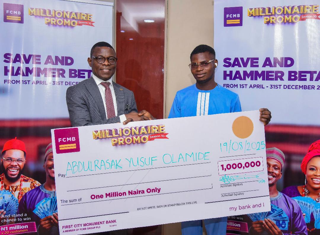 From left: Group Head, Consumer Liability, First City Monument Bank (FCMB), Mr. Abubakar Etamesor; the Bank’s Retail Cluster Head, Lagos Island, Mrs. Abigail Iriogbe; Divisional Head, Personal Banking, Mr. Adetunji Lamidi; one of the winners of ₦1 million in the sixth draw of the FCMB Millionaire Promo Season 10, Mr. AbdulRasak Yusuf and Product Officer, Classic Segment, Mr. Uche Martins, at the cheque presentation ceremony to Yusuf in Lagos recently.