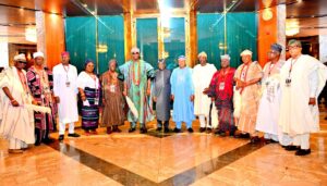 President Tinubu at the State House when he received His Imperial Majesty, Oba Ghandi Afolabi Oladunni Olaoye, Orumogege III, the Soun of Ogbomosoland, in audience with some other royal fathers