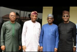 FCCPC Executive Vice Chairman/CEO, Mr. Tunji Bello (left), NMDPRA Chief Executive, Mr. Farouk Ahmed (centre), FCCPC Executive Commissioner (Operations), Mr. Louis Odion (right), NMDPRA Mr. Ogbugo Ukoha (Executive Director, Distribution Systems, Storage & Retailing Infrastructure) during a strategic meeting at the FCCPC over the weekend to strengthen consumer protection and competition collaboration in the petroleum sector