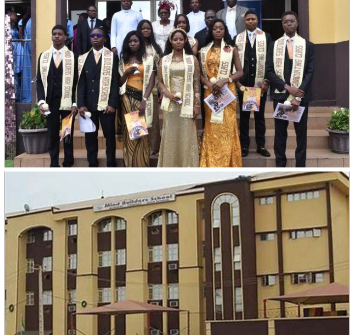Top photo: graduating students with the Education Director, Mrs Banjo Falore and some teachers (back row). Boom photo: Mind Builders School