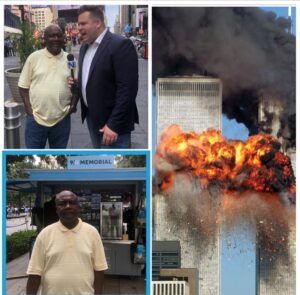 The September 11, 2001, attack on world Trade Centre, New York, right. Top left photo: CNN Reporter, James Hayes, interviewing TheNEWS magazine’s West Africa Bureau Chief, Abubakar Hashim in New York on 9/11 Memorial Day in 2023. Bottom left. Hashim at the 9/11 Memorial Park in New York