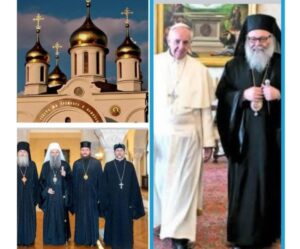 Photos showing a Catholic Pope in white and Eastern Orthodox Patriarchs on black robes