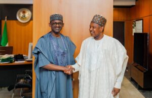 Chairman, Botswana Sovereign Wealth Fund, Mr Farouk Gumel (left), and Minister of Budget and Economic Planning, Senator Abubakar Bagudu, during the fund chairman's courtesy visit to the minister in Abuja recently