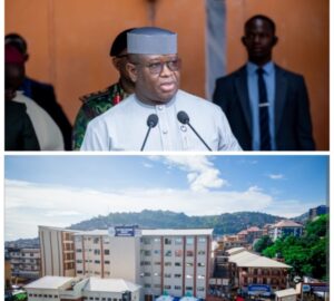 President Bio delivering his speech today The new Sewa Market , with the plaque Group photograph and President Bio explaining a point to NASSIT DG, Fouad Dabor, with NASSIT consultant, Abel Onomake on the right