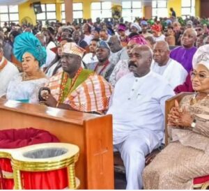 The afin, Oba Abimbola Akeem Owoade, and Lucky Igbinedion inside the church