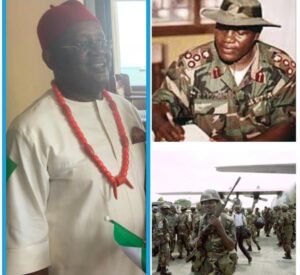 Chief Tony Chinyere, left. He was using his helicopter services to ferry ECOMOG military personnel (bottom right) to the war zones at free costs, left, and the late Late Gen Khobe 
