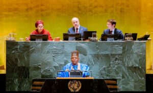 VP Kashim Shettima reading President Tinubu's addess at UNGA 80