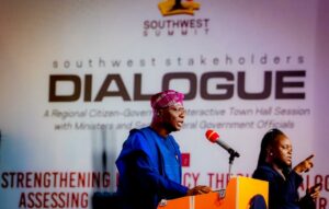 Governor of Lagos State, Mr. Babajide Sanwo-Olu addressing the summit during the Southwest Citizen-Government Engagement Summit, themed “Strengthening Democracy through Dialogue: Assessing Progress, Charting the Future” at the International Conference Centre in Akure, Ondo, on Wednesday, 29 October, 2025.