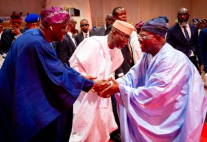 Governor of Lagos State, Mr. Babajide Sanwo-Olu, his Ondo State counterpart, Governor Lucky Aiyedatiwa and former interim National Chairman of APC, Chief Bisi Akande during the Southwest Citizen-Government Engagement Summit, themed “Strengthening Democracy through Dialogue: Assessing Progress, Charting the Future” at the International Conference Centre in Akure, Ondo, on Wednesday, 29 October, 2025.