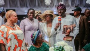 Governor of Lagos State, Babajide Sanwo-Olu, presenting the Àríyá Èkó Evergreen Gospel Anthems Award to Nigeria's gospel music icon, Dr. (Mrs) D.A Fasoyin, flanked by other guests, during Àríyá Èkó Independence Music Festival, held on Sunday, October 5th, 2025 in Lagos.