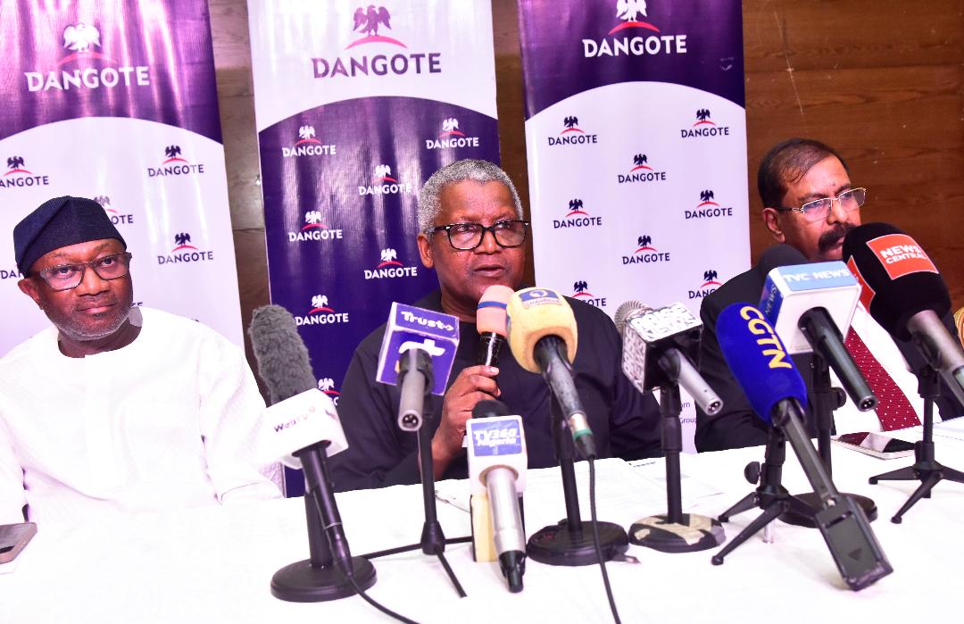 L-R: Chairman, FBN Holdings Plc, Femi Otedola; President/CE, Dangote Industries Limited Aliko Dangote; Vice President, Oil & Gas, Dangote Industries Limited, Devakumar Edwin, at the World Press Conference by Dangote on the expansion of Dangote Petroleum Refinery and Petrochemicals from 650,000bpd to 1.4M bpd in Lagos on Sunday, October 26, 2025.