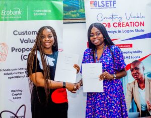 Omoboye Odu, Head, SME, Ecobank Nigeria and Feyisayo Alayande, Executive Secretary, LSETF at the signing of MOU between Ecobank Nigeria and LSETF to empower MSMEs across Lagos state.