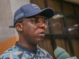 Lagos Commissioner for the Environment and Water Resources, Tokunbo Wahab, addressing journalists at Felabration Symposium Water No Get Enemy, held on Monday 13 October, 2025 at NECA Hall Alausa, Ikeja, Lagos.