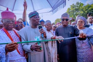 From left, The Ewi of Ado Ekiti, Oba Rufus Adeyemo Adejugbe, Governors Babajide Sanwo-Olu and Biodun Oyebanji during the commissioning of the Ado Ekiti Ring Road Phase 1 at Iworoko