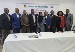L-R Yinka Olatunji, Snr. Deputy Editor, Nigerian Weekly Law Reports (NWLR); Gbenga Ogunleye, MD, Nigerian Law Publications Ltd; Mojeed Ajao, former MD, NLP Ltd; Rotimi Obende, Chairman, NLP Ltd; Mutiat Olatunji, Ag. Comp Sec, NLP Ltd; Ayo Olanrewaju, Chairman, Editorial Board and Deputy Editor-in-Chief, NWLR; Oluwole Kehinde, Editor, NWLR and Chairman, 40th anniversary planning committee; Simon Evivie, Snr. Deputy Editor and Editorial Secretary, NWLR; Chidinma Ojigwe, Assistant Editor, NWLR , and Secretary, 40th Anniversary Planning Committee.
