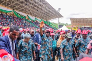 Governor Oyebanji waving during the 2025 World Teachers’ Day celebration held at the Ekiti Parapo Pavalion, Ado Ekiti.