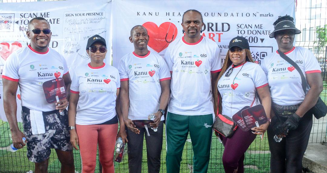 L-R: Dr. Jekwu Ozoemene, Group Executive, The Alternative Bank (AltBank); Korede Demola-Adeniyi, Executive Director, AltBank; Olawale Azeez, Regional Business Executive, AltBank; Kanu Nwankwo, founder and Chairman, Kanu Heart Foundation; Chidinma Akanle, Head, Private Banking, AltBank, and Dr. Genevieve Kalu, Public Relations Officer, OGC Foods and Beverages, at the 5km walk organised by the Kanu Heart Foundation in partnership with AltBank to commemorate the 2025 World Heart Day in Lagos... recently.