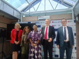 Lola Shoneyin and Gautier Mignot flanked by members of the EU Delegation to Nigeria and West Africa.2