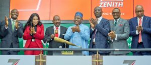 L-R:GMD/CEO, Nigerian Exchange Group, Mr. Temi Popoola; Group Managing Director/CEO, Zenith Bank Plc, Dame Dr. Adaora Umeoji, OON; Chairman and Founder, Zenith Bank Plc, Jim Ovia, CFR; Group Chairman, Nigerian Exchange Group, Alhaji (Dr.) Umaru Kwairanga; Director General, Securities and Exchange Commission(SEC), Dr. Emomotimi Agama; CEO, Nigerian Exchange (NGX), Mr. Jude Chiemeka; and CEO, Central Securities Clearing System Plc, Mr. Haruna Jalo-Waziri at the Closing Gong Ceremony of the Nigerian Exchange Limited, yesterday.
