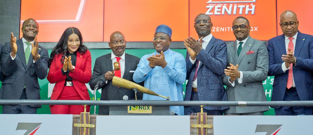 L-R:GMD/CEO, Nigerian Exchange Group, Mr. Temi Popoola; Group Managing Director/CEO, Zenith Bank Plc, Dame Dr. Adaora Umeoji, OON; Chairman and Founder, Zenith Bank Plc, Jim Ovia, CFR; Group Chairman, Nigerian Exchange Group, Alhaji (Dr.) Umaru Kwairanga; Director General, Securities and Exchange Commission(SEC), Dr. Emomotimi Agama; CEO, Nigerian Exchange (NGX), Mr. Jude Chiemeka; and CEO, Central Securities Clearing System Plc, Mr. Haruna Jalo-Waziri at the Closing Gong Ceremony of the Nigerian Exchange Limited, yesterday.