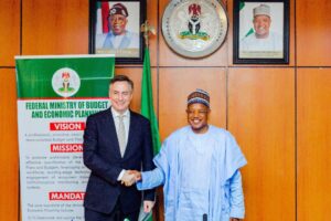 Team Leader, European Parliamentary Committee on Foreign Affairs, Mr David McAllister (left), and Minister of Budget and Economic Planning, Senator Abubakar Bagudu, during the visit of the EU committee to the minister in Abuja on Monday, 26/10/25 PHOTO: FMBEP