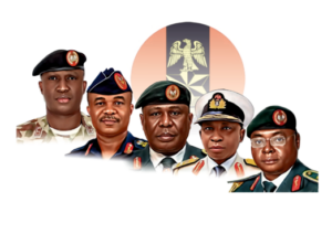 From left: Major-General W. Shaibu, Chief of Army Staff; Air Vice Marshal S.K. Aneke, Chief of Air Staff; General Olufemi Oluyede, the new Chief of Defence Staff, top left; and and Rear Admiral I. Abbas, Chief of Naval Staff;The Chief of Defence Intelligence, Major-General E.A.P. Undiendeye