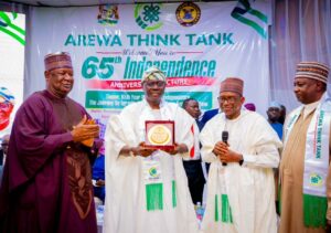 Former Senate President and Secretary to the Government of the Federation, Senator Pius Anyim Pius; Secretary to the Kaduna State Government, Dr. Abdulkadir Meyere and former Governor of Kaduna State, Alhaji Mukhtar Ramalan-Yero during the Arewa Think Tank lecture themed: “65th Year of Nigeria Independence: The Journey So Far with the Renewed Hope Agenda in View”, at the Arewa House Auditorium in Kaduna, on Tuesday, 11 November, 2025.