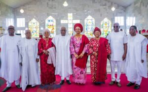 Former Ekiti Governors Adebayo, Oni, Fayose, Senator Bamidele, Deputy Governor Afuye, Erelu Fayemi and Governor Oyebanji at the Emmanuel Church Cathedral, Ado-Ekiti, during a special thanksgiving service held in commemoration of the third anniversary of his administration