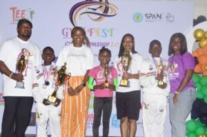 L-R: Head Coach, Tee Tumblers Gymnastics Club & Lagos State Gymnastics Club, Patrick Umoh; CEO, Tee Tumblers Gymnastics Club and Co-founder, Gymfest Championship 2.0, Yoyin Akpose; Creative Coach, Gymfest Championship 2.0, Oyegbata Chinedu; and Gymfest Program Coordinator, Faith Oaikhiena; flanked by some participants during the Gymfest Championship 2.0 sponsored by Fidelity Bank Plc and held in Lagos, recently.