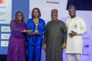 L-R; Ladi Ene Garba, Head, Commercial Banking, Polaris Bank; Njideka Nwabueze, Head, Retail Banking, Polaris Bank ;Abubakar Usman Bello, the Executive Director, North & Public Sector, Keystone Bank and Mathew Oji, Product Strategy, Polaris Bank at the MSME Digital Bank award ceremony in Lagos recently.