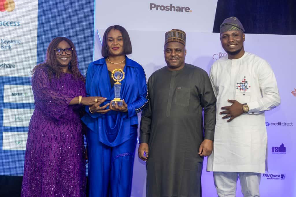 L-R; Ladi Ene Garba, Head, Commercial Banking, Polaris Bank; Njideka Nwabueze, Head, Retail Banking, Polaris Bank ;Abubakar Usman Bello, the Executive Director, North & Public Sector, Keystone Bank and Mathew Oji, Product Strategy, Polaris Bank at the MSME Digital Bank award ceremony in Lagos recently.