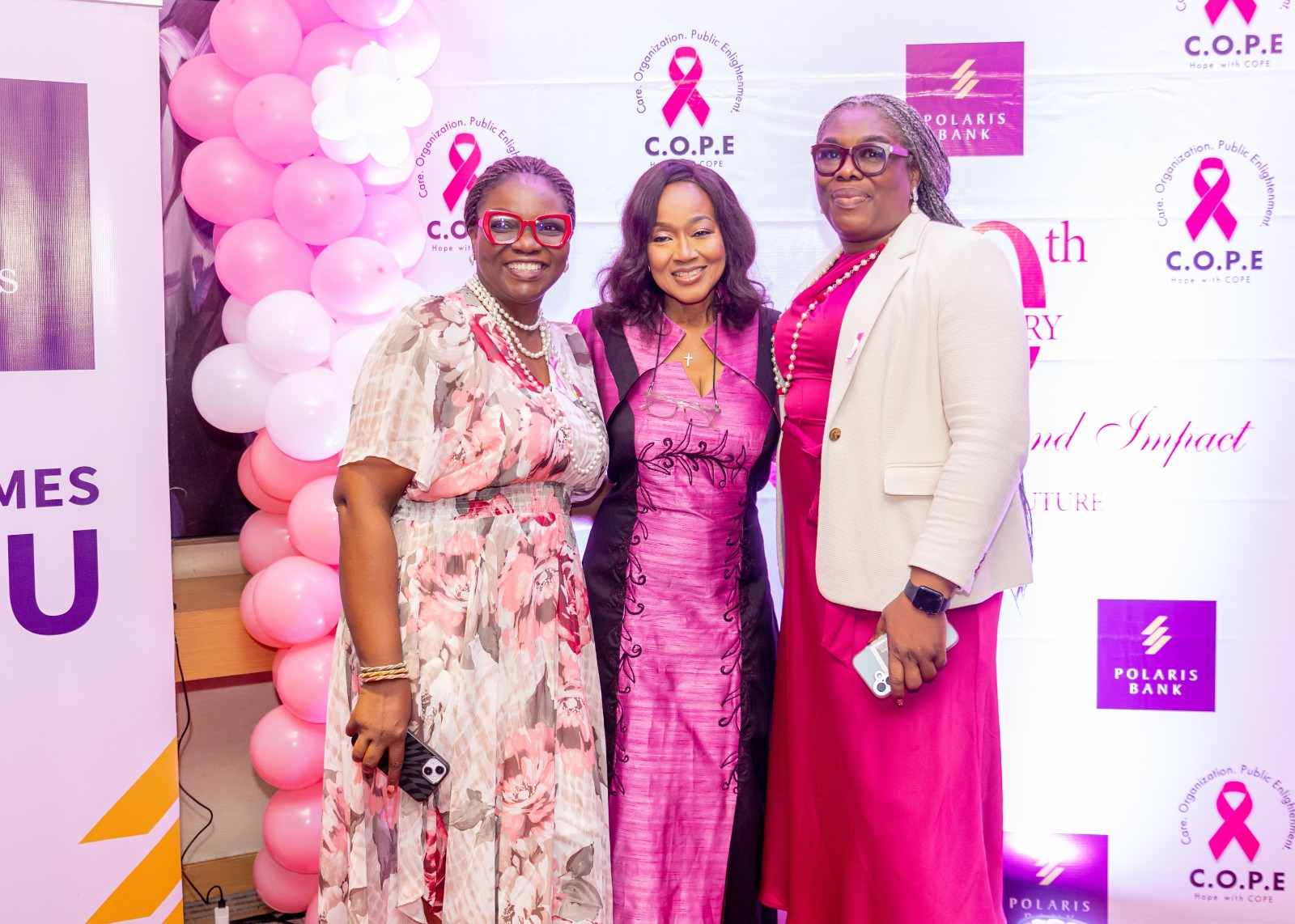 L-R: Bukola Oluyadi, GH, Customer Expweience & Value management, Polaris Bank; Ebunola Anozie, Founder/CEO, C.O.P.E; Sandra Okoli, Sector Lead, Telecomms, Power and Infrastructure, Polaris Bank at the C.O.P.E’s 30th Anniversary Celebration in Lagos recently