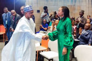 Minister of Budget and Economic Planning, Senator Abubakar Bagudu (left), and Minister of Industry, Trade and Investment, Dr Jumoke Oduwole, during a high-level plenary of the AfCTA Public Sector, Private Sector and Press (P3) Summit in Abuja on Monday, 24/11/25 PHOTO: FMBEP PIX 2