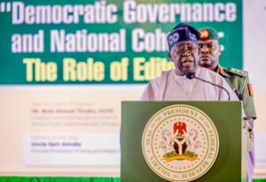 President Bola Tinubu delivering his address at the Editors' Conference