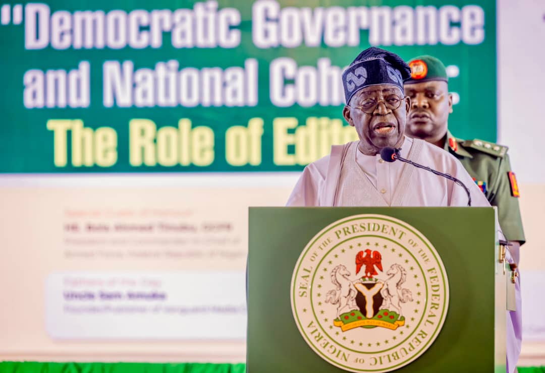 President Bola Tinubu delivering his address at the Editors' Conference