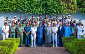 President Tinubu, VP Shettrima and members of Course 33 of the National Defence College.