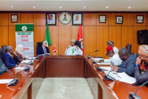 Senator Bagudu when he received senior Tunisian officials, including Mrs Achwek Snoussi and Mr Gara Nader, and others in his