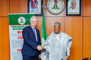 Assistant Director of the African Department, IMF, Mr Axel Schimmelpfennig (left), and Minister of Budget and Economic Planning, Senator Abubakar Bagudu, during the visit of a high-level delegation of the IMF to the minister in Abuja on Friday, 07/11/25 PHOTO: FMBEP