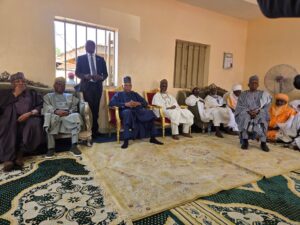 Vice President Kashim Shettima, sitting third from left, in the house of the Minister of Environment, Malam Balarabe Lawal, in Zaria, Kaduna State