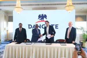 Vice President, Oil and Gas, Dangote Industries Limited, Devakumar Edwin; President and Chief Executive of DIL, Aliko Dangote; Chief Operating Officer of Saipem’s Energy Carriers Line, Botta Fabrizio; and Managing Director of Saipem India Projects, Villa Stefano, during the signing of a partnership agreement in India on Wednesday, November 26, 2025.