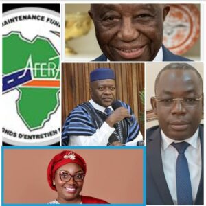 Clockwise from left: NAFERA logo, President Boakai, Liberia’s Minister of Finance, Augustine Ngafuan, President, Africa Road Maintenance Funds Association ARMFA, Essale Mousa Aubin, and CEO NRF, Joseta Neufville-Wento