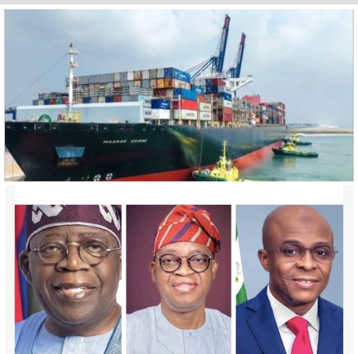 Top photo: A cargo ship at Lekki Deep Sea Port. Bottom photo: L-R: President Bola Ahmed Tinubu, Minister of Marine and Blue Economy, Adegboyega Oyetola the Managing Director of NPA, Dr Abubakar Dantsoho