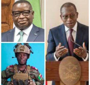 ECOWAS Chairman Maada Bio, top left, Benin President Patrice Tallon, right, and Tigri, the coup leader
