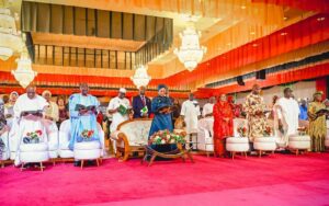 From left, Obasanjo, Gowon, Oluremi Tinubu, Bamidele and others
