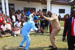 Nyesome Wike and Chibudom Nwuche doing their traditional dance in Ochigba, in Ahoada East Local Government Area of Rivers State