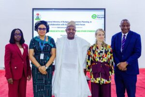 Permanent Secretary, Federal Ministry of Budget and Economic Planning, Dr Deborah Odoh; Director of Programme Quality and Innovations, Plan International / Chair, Steering Committee and Stakeholders, Dr Helen Idiong; the Minister, Senator Abubakar Bagudu; Director, Nigeria INGO Forum, Ms Camilla Higgins; Director, International Cooperation, FMBEP, Dr Sampson Ebimaro, at the Stakeholders' Engagement Meeting between the FMBEP and International Non-Governmental Organisations (INGOs) in Abuja on Monday, 08/12/25. PHOTO: FMBEP