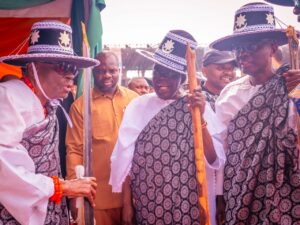 President Tinubu, centre, Oba Akinolu of Lagos, left and Governor Sanwo-Olu, right